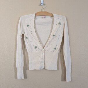 Y2K VTG Whistles London Silk Cashmere Cardigan Floral Eyelet Embellished size 2